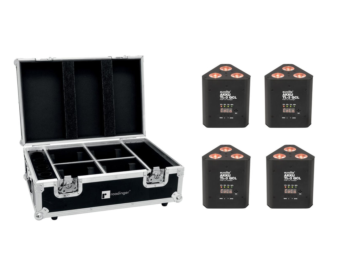 EUROLITE Set 4x AKKU TL-3 QCL RGB+UV Trusslight + Custodia con funzione di ricarica