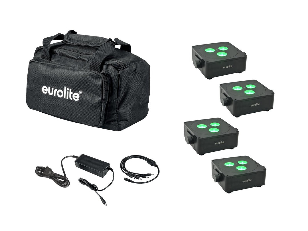 EUROLITE Set 4x AKKU IP Flat Light 3 bk + Caricatore + Borsa morbida