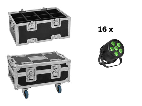 EUROLITE Set 16x LED Silent Par 6 QCL da pavimento bk + case