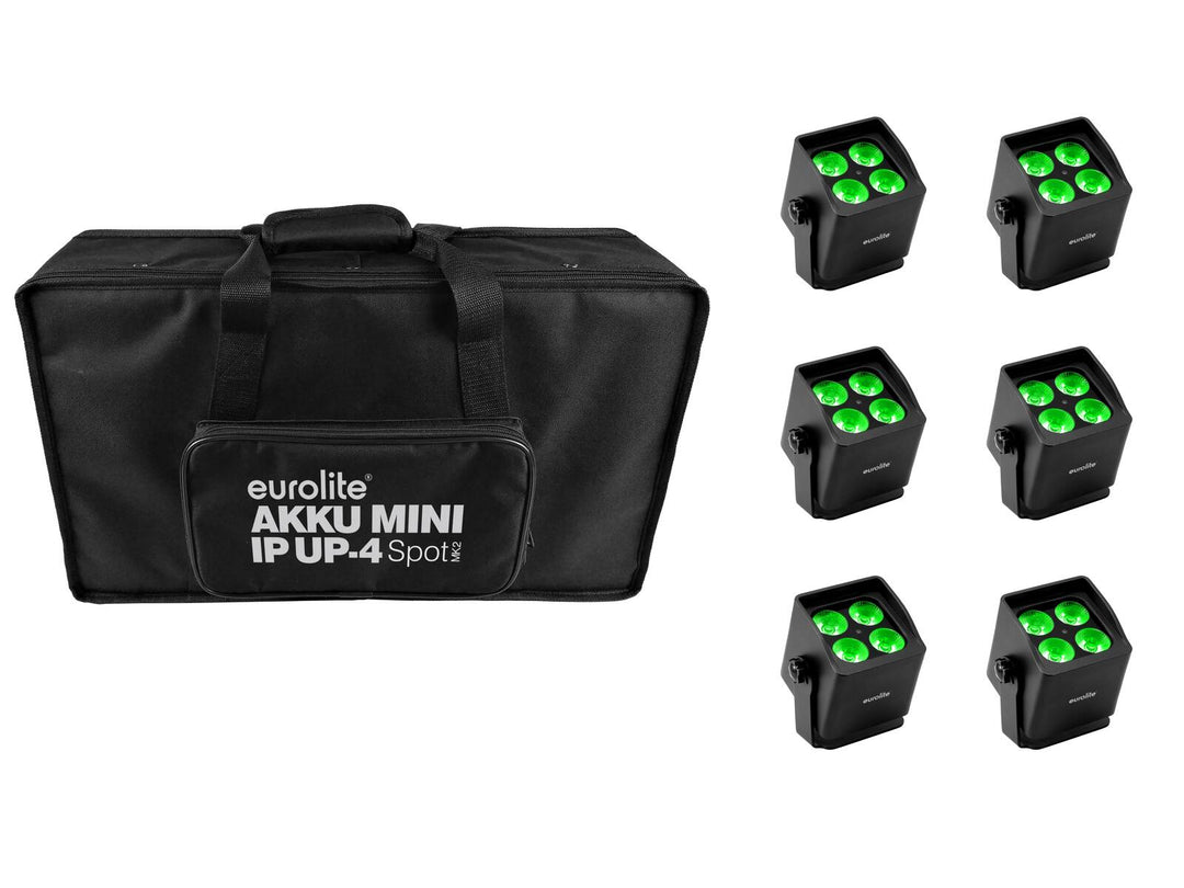 EUROLITE Set 6x AKKU Mini IP UP-4 QCL Spot MK2 + Borsa morbida