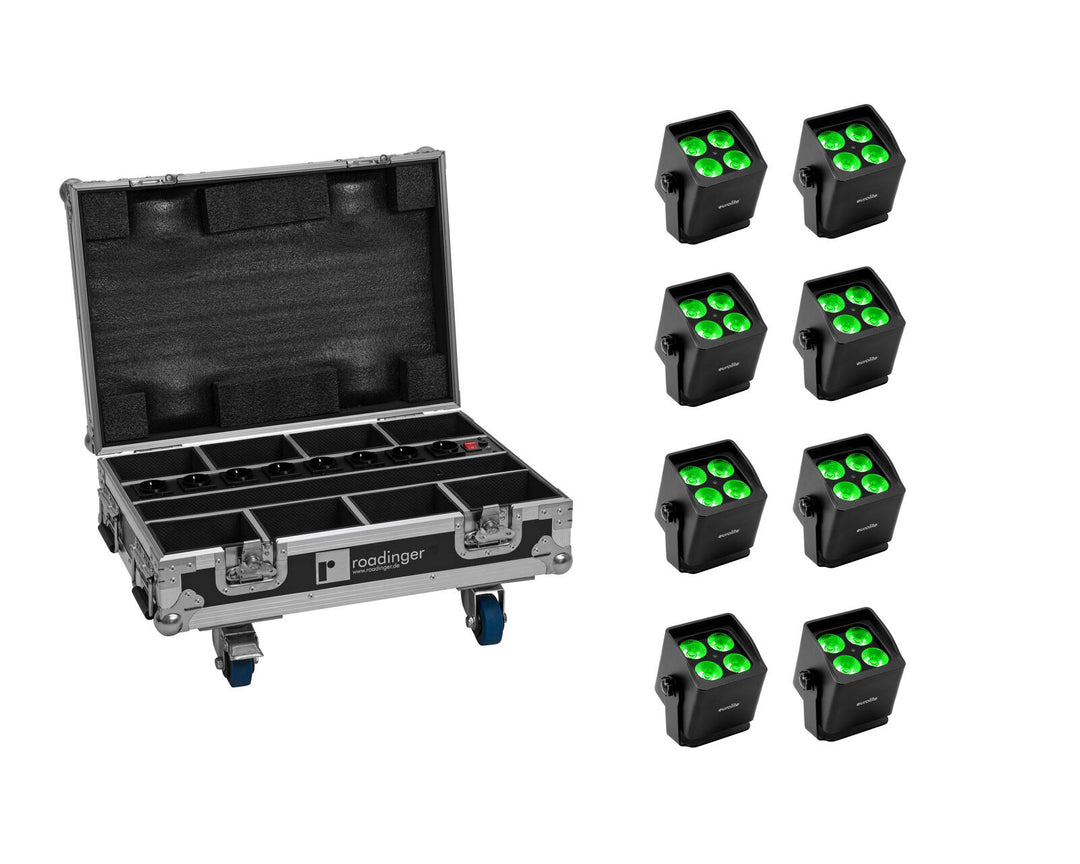 EUROLITE Set 8x AKKU Mini IP UP-4 QCL Spot MK2 + Case con funzione di ricarica