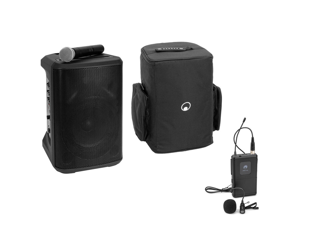 OMNITRONIC Set PORTY-8A Drahtlos-PA-System + Trasmettitore Bodypack incl. Microfono Lavalier + Soft bag