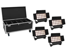 EUROLITE Set 4x AKKU Multiflood IP 18x10W RGBW Wash CRMX + Case con ruote
