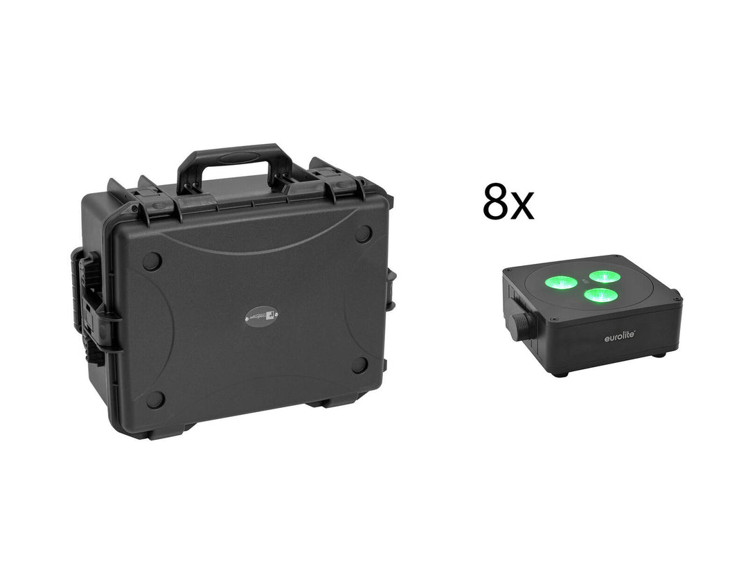 EUROLITE set 8x AKKU IP Flat Light 3 bk + Plastic case con trolley
