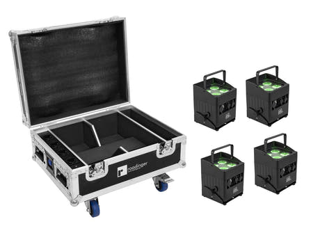 EUROLITE Set 4x AKKU IP UP-4 QCL Spot QuickDMX MK2 + Flightcase con ruote e funzione di ricarica