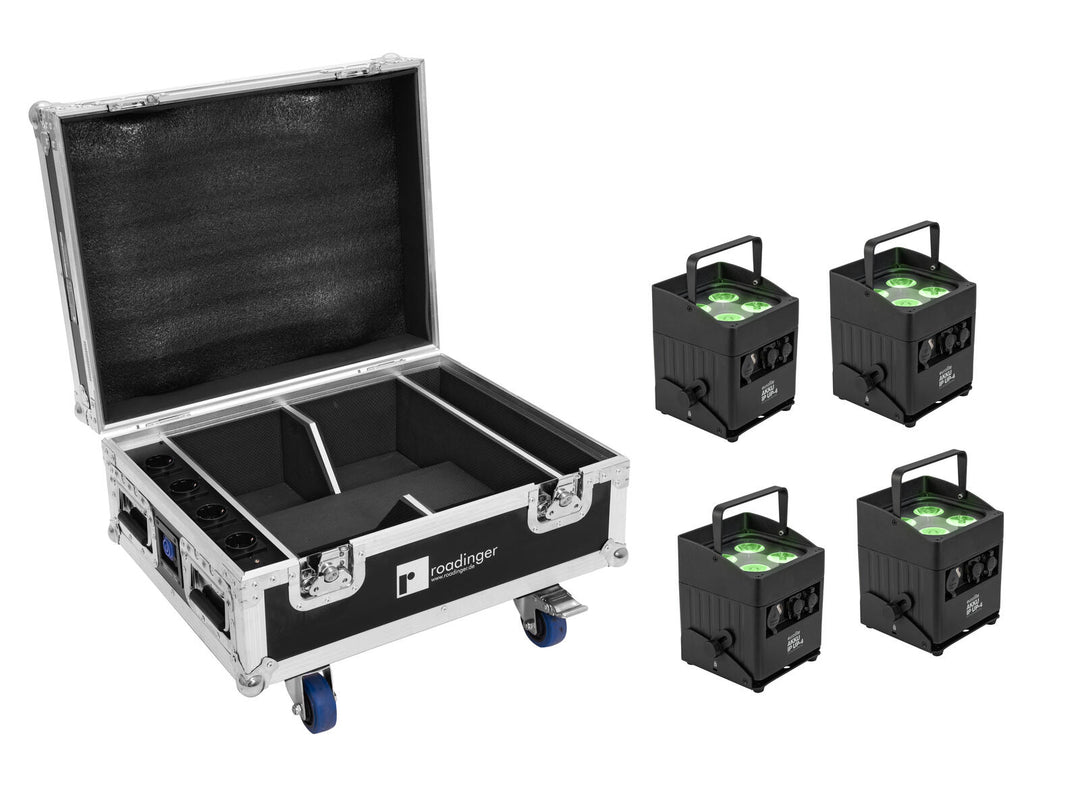 EUROLITE Set 4x AKKU IP UP-4 QCL Spot QuickDMX MK2 + Flightcase con ruote e funzione di ricarica