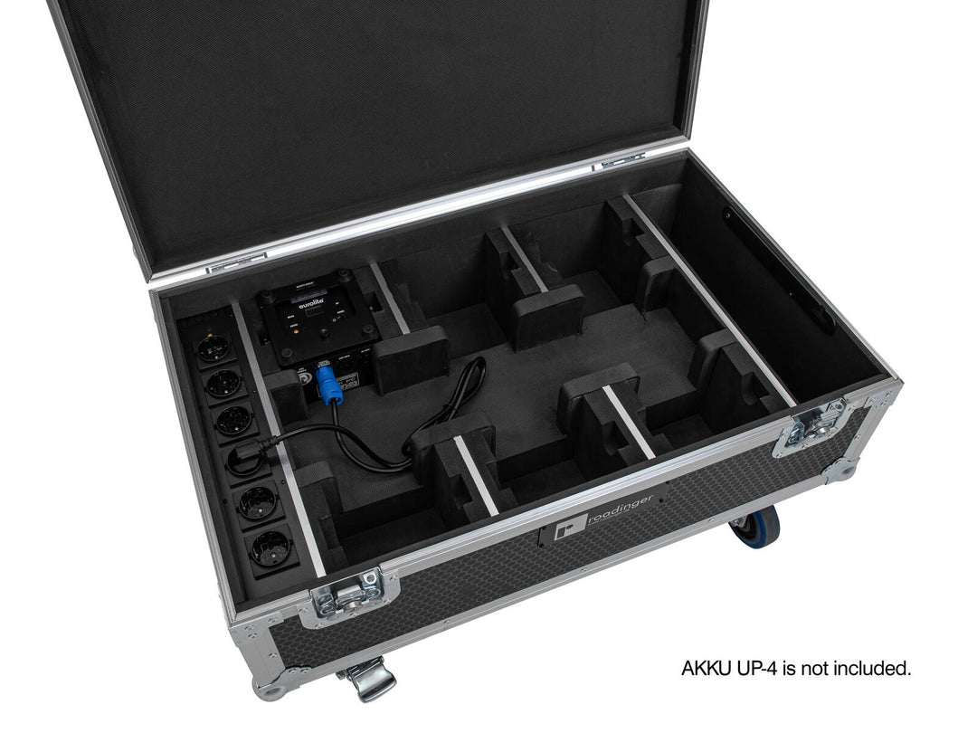 ROADINGER Flightcase 6x AKKU UP-4 QCL Spot QuickDMX MK2 con funzione di ricarica e ruote