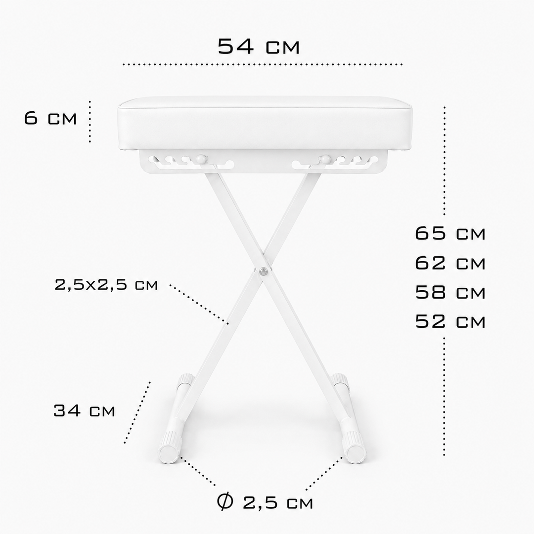 Panca per pianoforte pieghevole Hardman SB006, bianca, regolabile da 45 a 63 cm