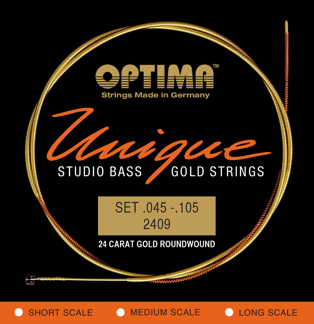 Optima Corde per basso elettrico Unique studio golden strings - 4 corde, scala lunga (2409L)