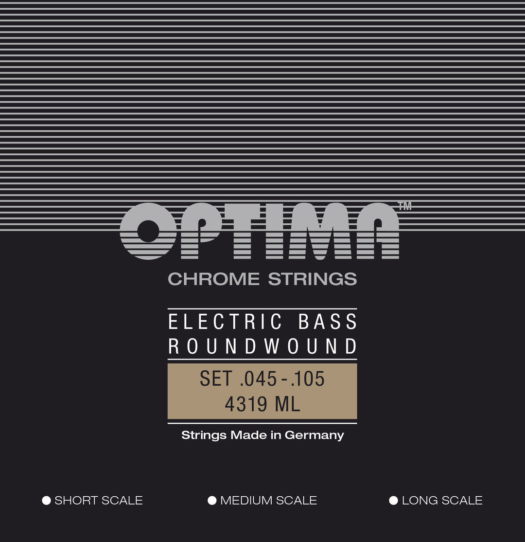 Corde Optima per basso elettrico Chrome Strings a filo tondo, scala lunga - Set a 4 corde med-light (4319ML)