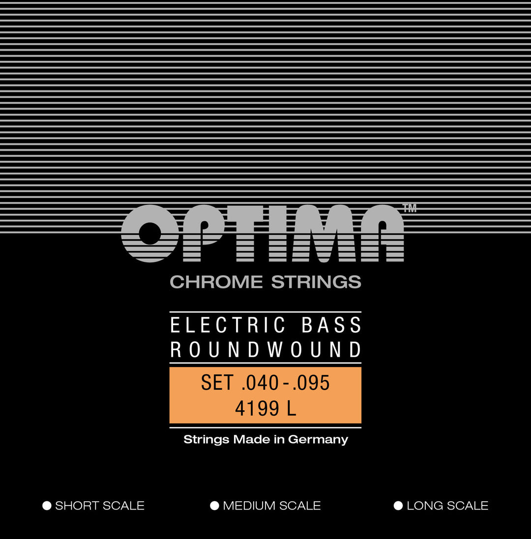 Optima Corde per basso elettrico Chrome Strings. Round Wound Medium Scale - Set 4 corde light (4199M)