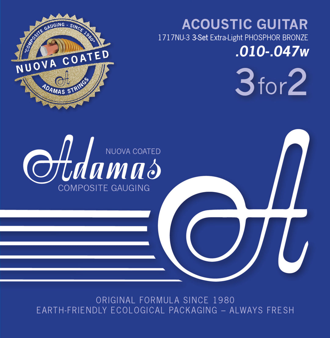 Adamas Strings for Acoustic Guitar Nuova phosphor bronze coated set (3) - Set of 3 Ex-Light .010 (1717NU-3)