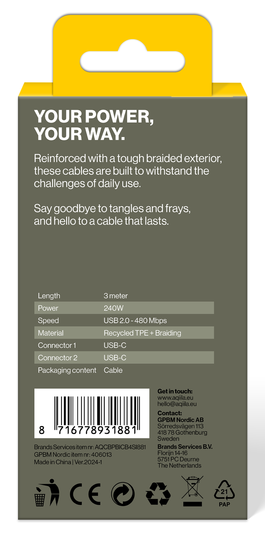 Aqiila Braided USB-C/USB-C 2.0 240W 3m Charging cable