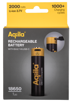 Aqiila Rechargable 18650 Battery USB-C, Lithium, 3.7V/2000mAh