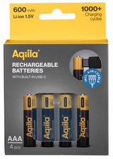 Aqiila Rechargable AAA Battery, 4-pack USB-C, Lithium, 1.5V/600mAh