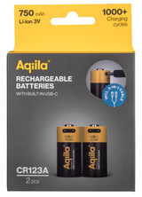 Aqiila Rechargable CR123A Battery 2-pack USB-C, Lithium, 3V/750mAh