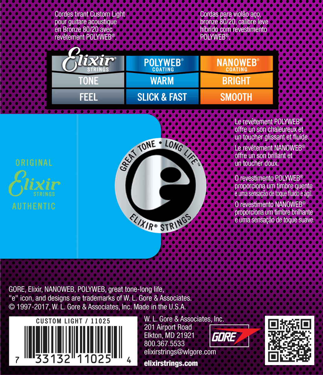 Elixir Polyweb Bronze 80/20 Guitar String (Custom Light, 11-52)