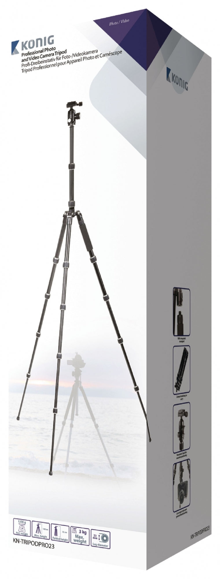 Treppiede professionale per fotocamera/video con testa a sfera, 145 cm