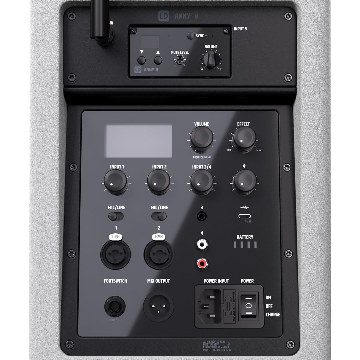 LD Systems ANNY® 8 HHD B6 W - Bærbar batteridrevet Bluetooth® PA-højttaler med mixer og 1x trådløs håndholdt mikrofon, Ren hvid