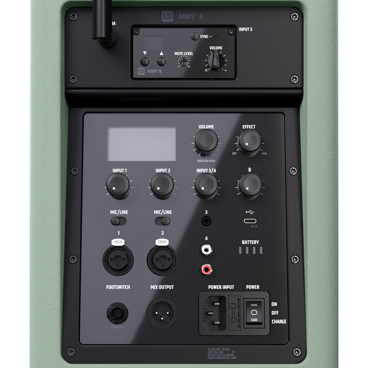 LD Systems ANNY® 8 HHD B8 GN - Bærbar batteridrevet Bluetooth® PA-højttaler med mixer og 1x trådløs håndholdt mikrofon, Adventure Green