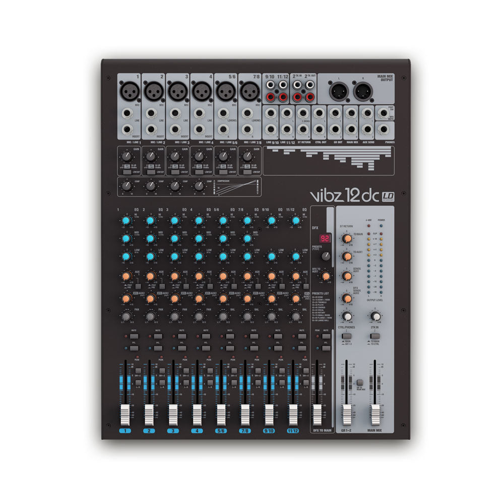 LD Systems VIBZ 12 DC - console di missaggio a 12 canali con DFX e compressore
