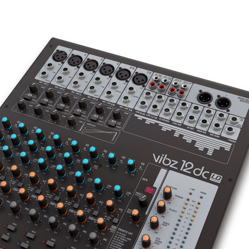LD Systems VIBZ 12 DC - console di missaggio a 12 canali con DFX e compressore