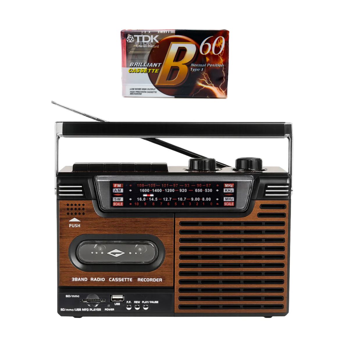 Studio 57 Lettore di cassette con FM e Bluetooth, Marrone + Cassetta