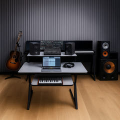 Tavolo da studio con ripiani ed estrazione per keyboard (120 cm)