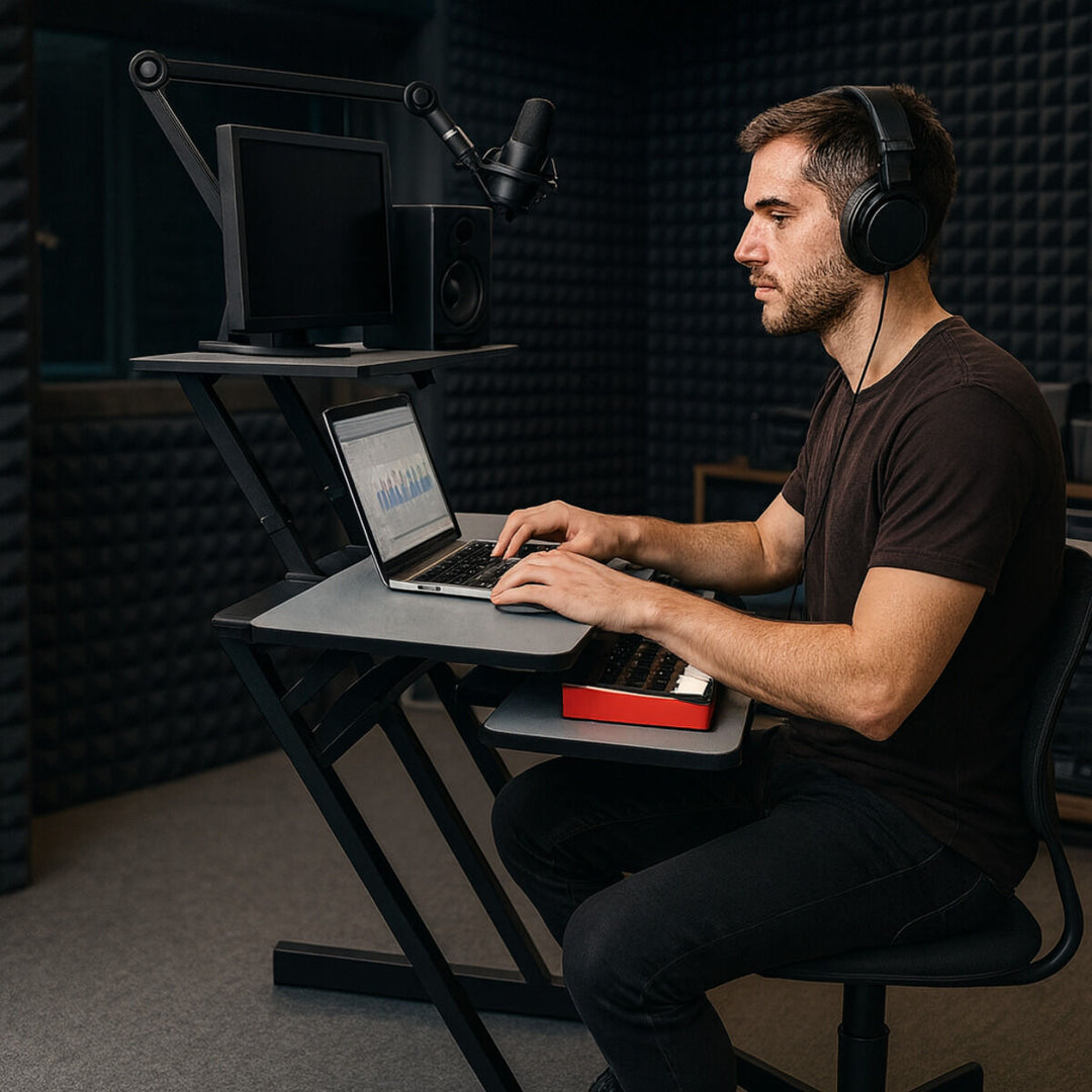 Tavolo da studio con ripiani ed estrazione per keyboard (120 cm)