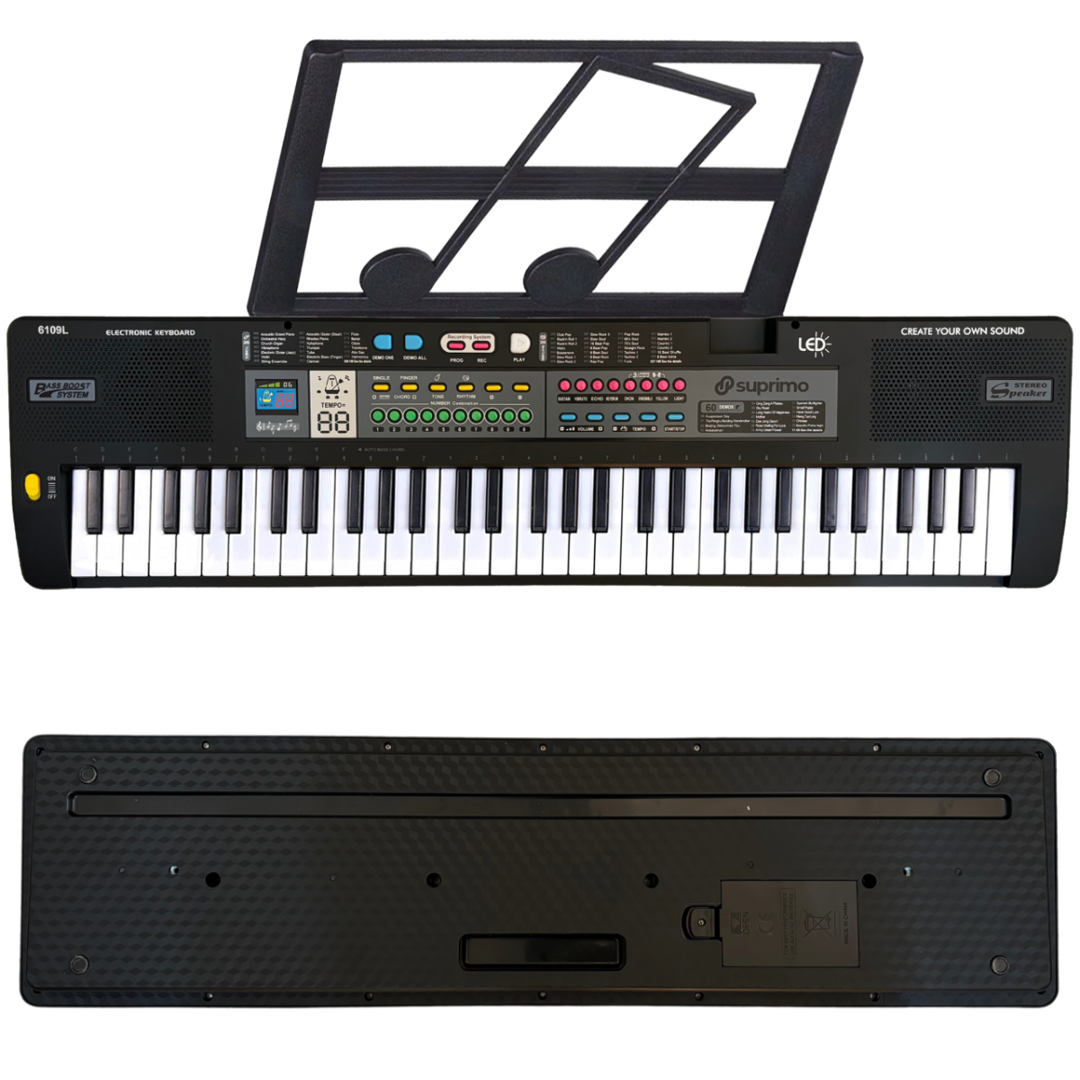 SUPRIMO 6109L Keyboard med Lysende Tangenter, Mikrofon og Nodestativ