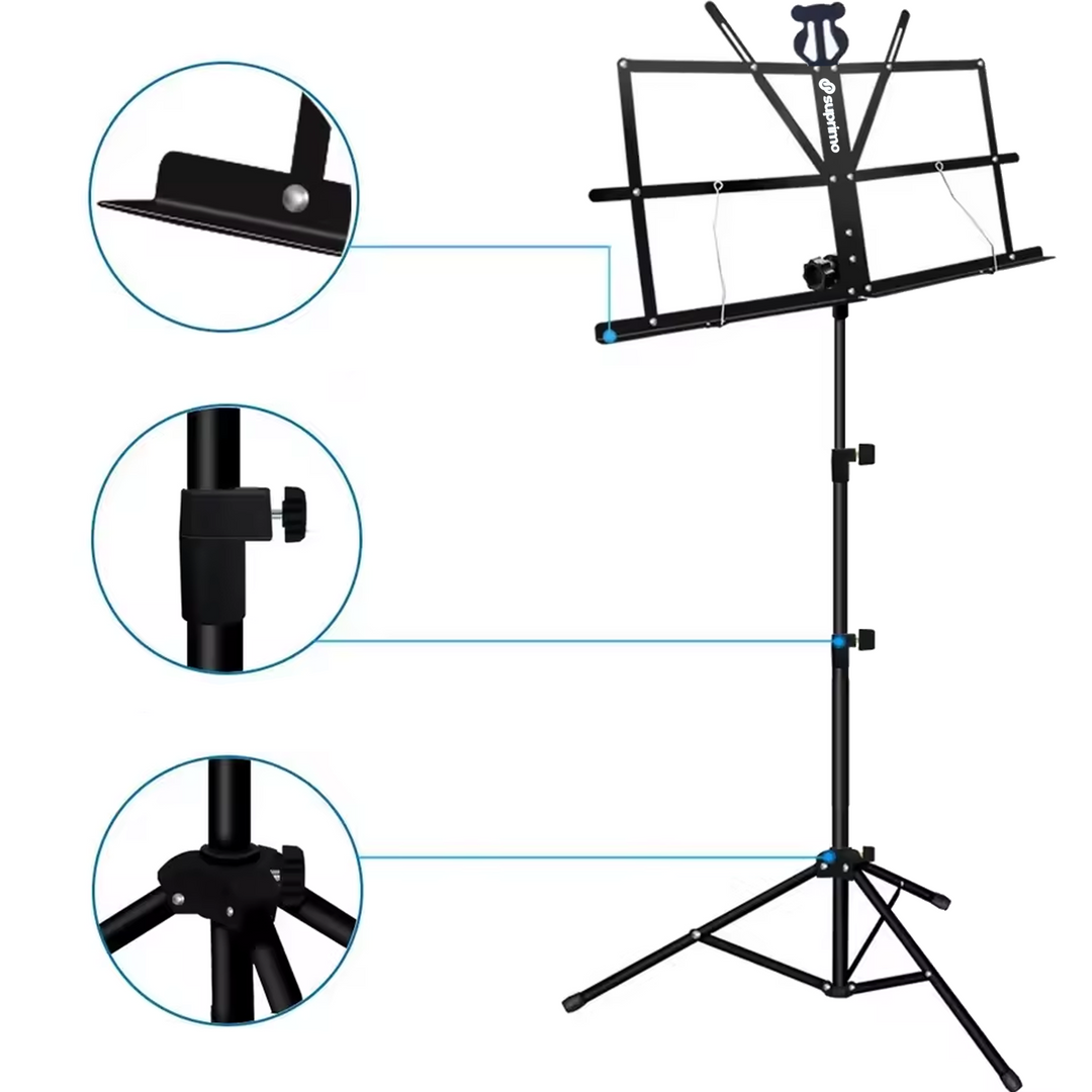 Supporto per leggio con borsa – pieghevole e regolabile in altezza 65–130 cm