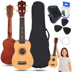 Set di ukulele con custodia, accordatore e accessori, legno naturale