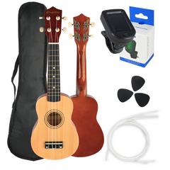 Set di ukulele con custodia, accordatore e accessori, legno naturale